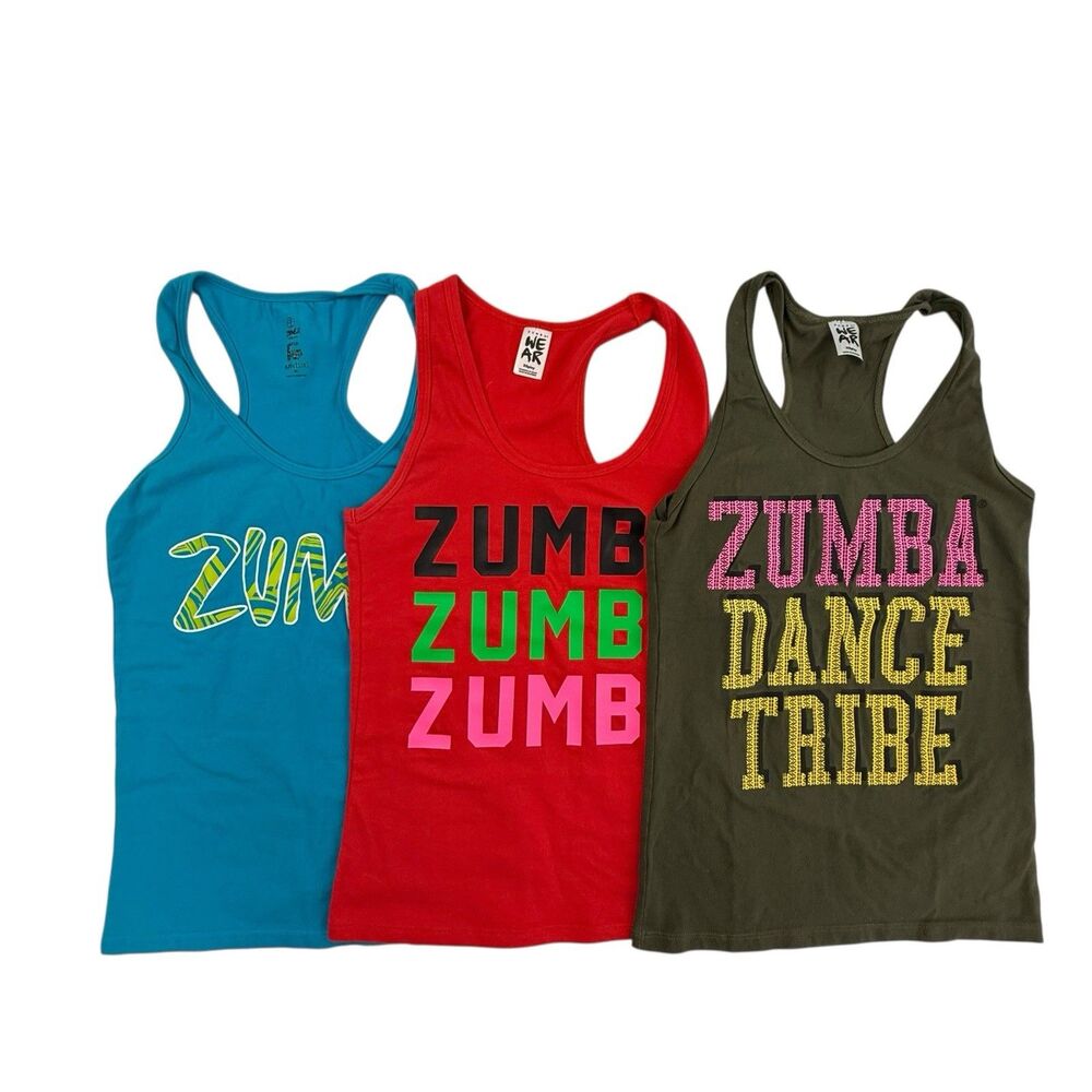 Zumba Lot of 3 Tank Tops XS M Racerback Dance Tribe Retro Funky Pop Muscle
